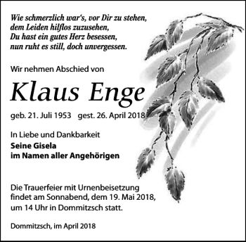 Traueranzeige von Klaus Enge von Torgauer Zeitung