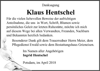Traueranzeige von Klaus Hentschel von Märkischen Allgemeine Zeitung