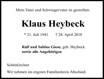 Traueranzeige von Klaus Heybeck von Kieler Nachrichten