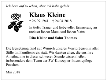 Traueranzeige von Klaus Kleine von Märkischen Allgemeine Zeitung