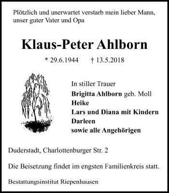 Traueranzeige von Klaus-Peter Ahlborn von Eichsfelder Tageblatt