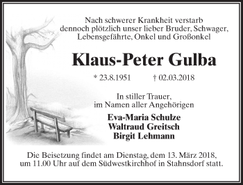 Traueranzeige von Klaus-Peter Gulba von Märkischen Allgemeine Zeitung