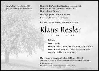 Traueranzeige von Klaus Resler von Ostsee-Zeitung GmbH