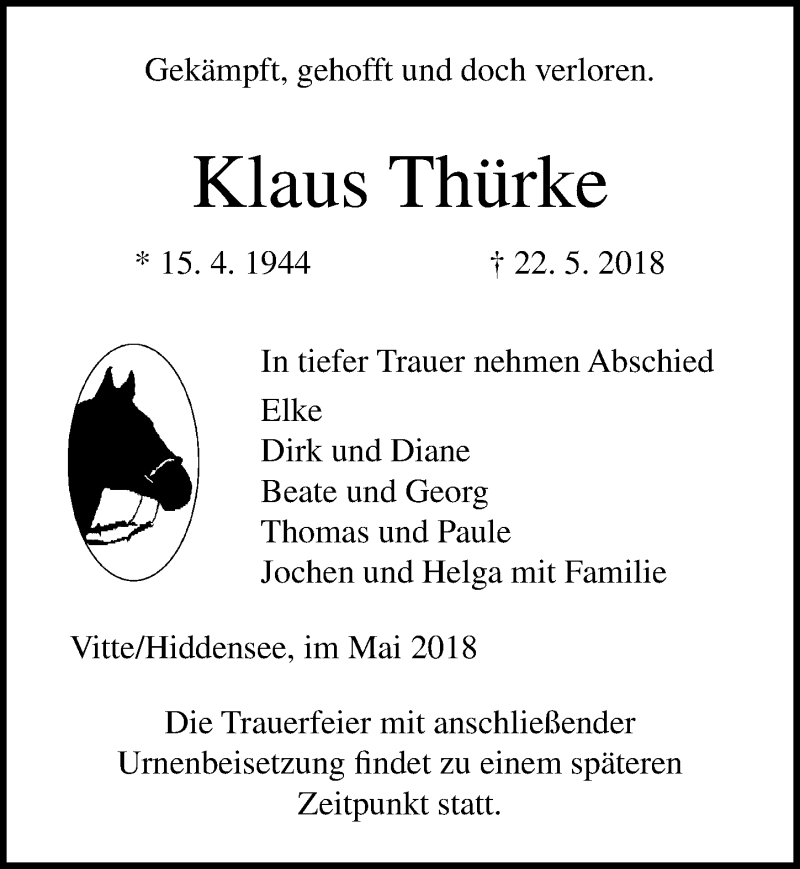  Traueranzeige für Klaus Thürke vom 26.05.2018 aus Ostsee-Zeitung GmbH