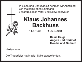 Traueranzeige von Klaus Johannes Backhuss von Kieler Nachrichten
