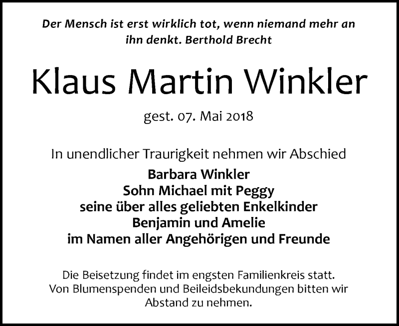  Traueranzeige für Klaus Martin Winkler vom 12.05.2018 aus Leipziger Volkszeitung