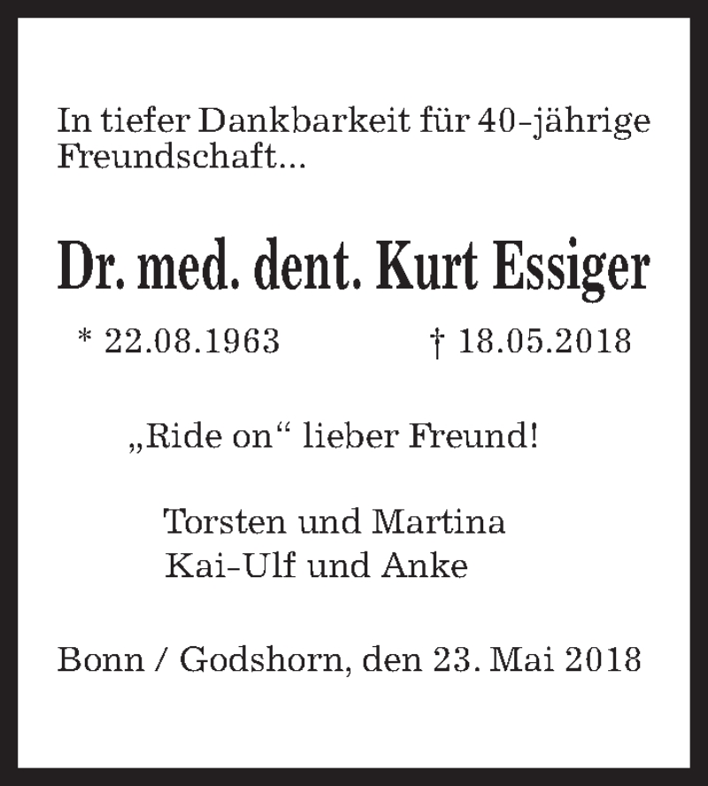  Traueranzeige für Kurt Essiger vom 26.05.2018 aus Hannoversche Allgemeine Zeitung/Neue Presse