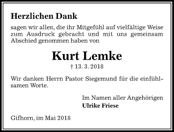 Traueranzeige von Kurt Lemke von Aller Zeitung