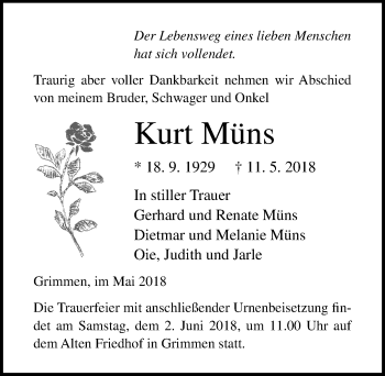 Traueranzeige von Kurt Müns von Ostsee-Zeitung GmbH