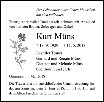 Traueranzeige von Kurt Müns von Ostsee-Zeitung GmbH