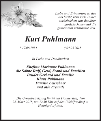 Traueranzeige von Kurt Puhlmann von Märkischen Allgemeine Zeitung