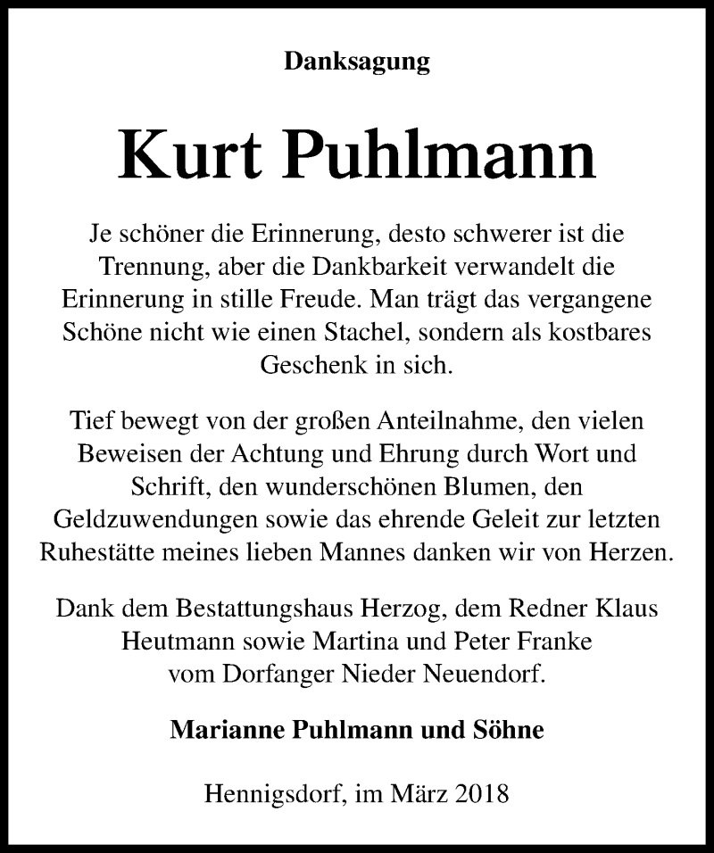  Traueranzeige für Kurt Puhlmann vom 31.03.2018 aus Märkischen Allgemeine Zeitung