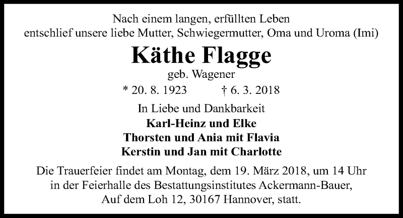  Traueranzeige für Käthe Flagge vom 17.03.2018 aus Hannoversche Allgemeine Zeitung/Neue Presse