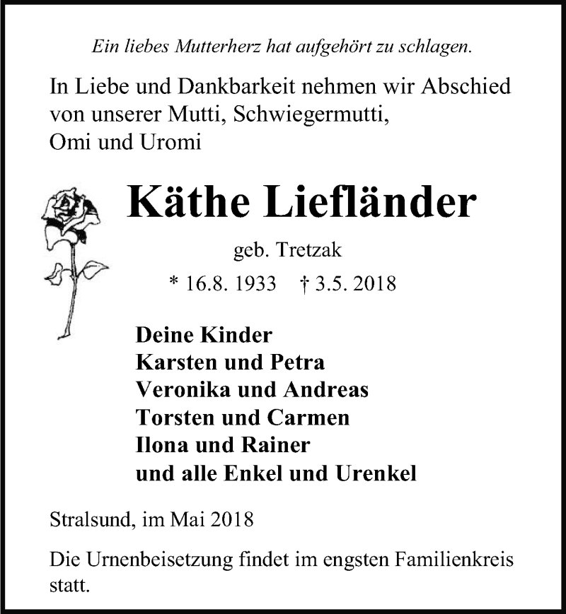  Traueranzeige für Käthe Liefländer vom 12.05.2018 aus Ostsee-Zeitung GmbH