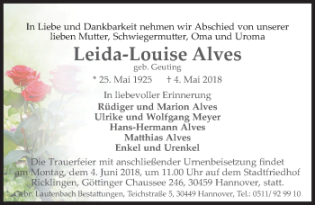 Traueranzeige von Leida-Louise Alves von Hannoversche Allgemeine Zeitung/Neue Presse
