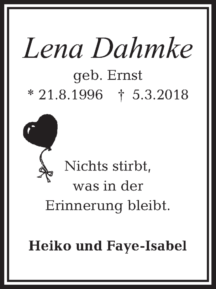  Traueranzeige für Lena Dahmke vom 17.03.2018 aus Kieler Nachrichten