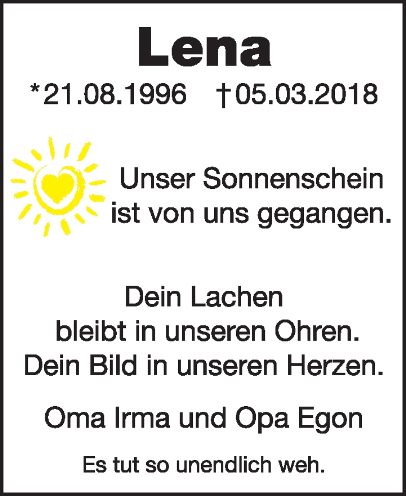  Traueranzeige für Lena Dahmke vom 17.03.2018 aus Kieler Nachrichten