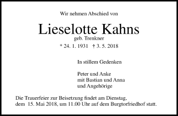 Traueranzeige von Lieselotte Kahns von Lübecker Nachrichten