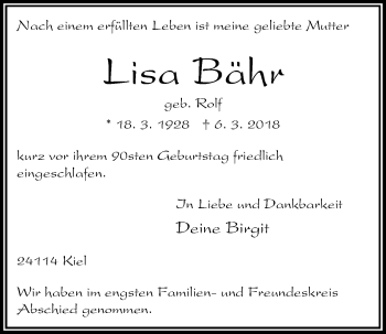 Traueranzeige von Lisa Bähr von Kieler Nachrichten