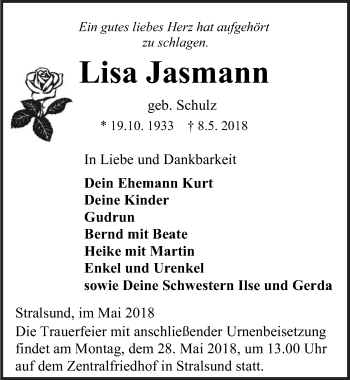 Traueranzeige von Lisa Jasmann von Ostsee-Zeitung GmbH
