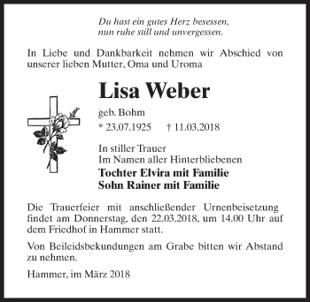 Traueranzeige von Lisa Weber von Märkischen Allgemeine Zeitung