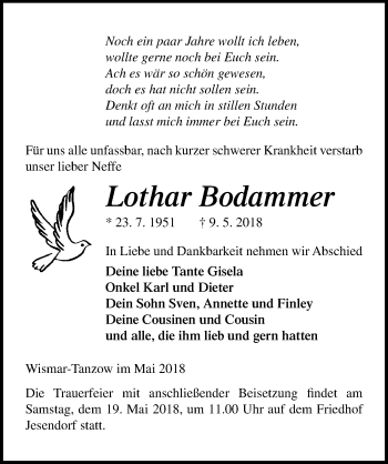 Traueranzeige von Lothar Bodammer von Ostsee-Zeitung GmbH