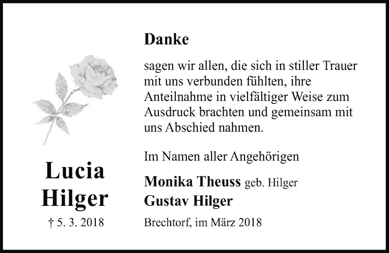  Traueranzeige für Lucia Hilger vom 31.03.2018 aus Aller Zeitung