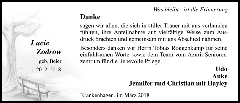  Traueranzeige für Lucie Zodrow vom 17.03.2018 aus Schaumburger Nachrichten