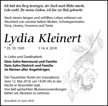 Traueranzeige von Lydia Kleinert von Torgauer Zeitung