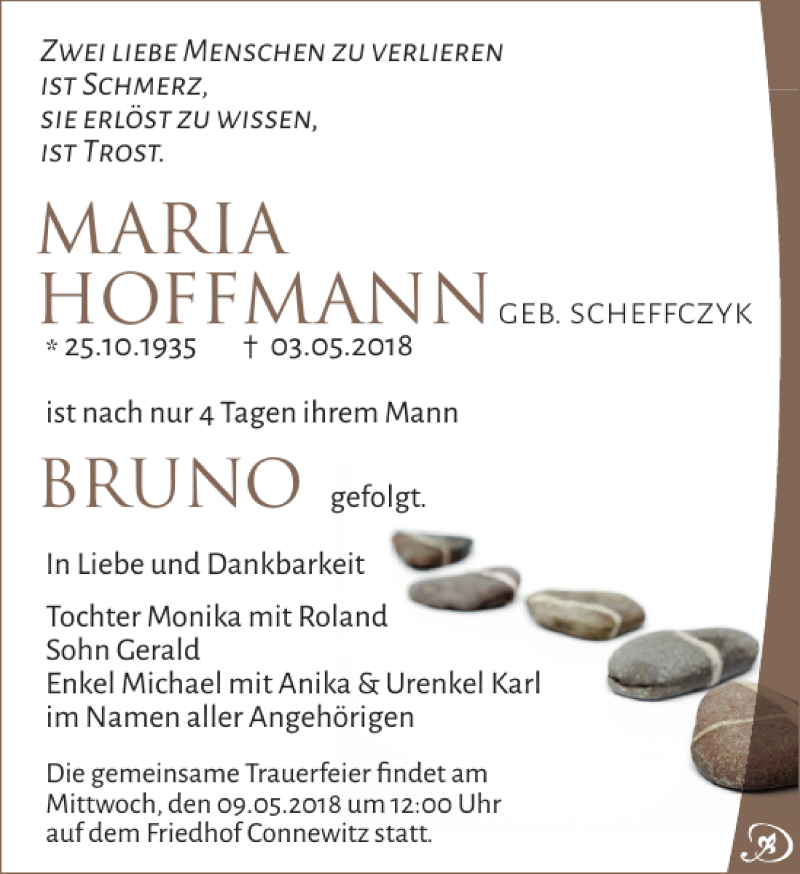  Traueranzeige für MARIA HOFFMANN vom 08.05.2018 aus Leipziger Volkszeitung