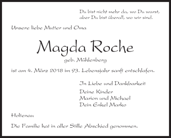 Traueranzeige von Magda Roche von Kieler Nachrichten