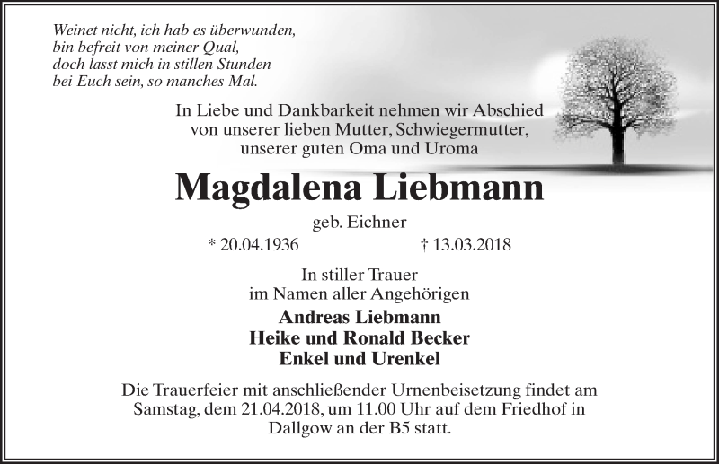 Traueranzeige für Magdalena Liebmann vom 24.03.2018 aus Märkischen Allgemeine Zeitung