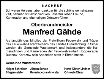 Traueranzeige von Manfred Gähde von Märkischen Allgemeine Zeitung
