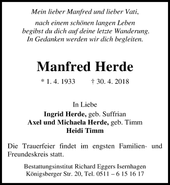 Traueranzeige von Manfred Herde von Hannoversche Allgemeine Zeitung/Neue Presse