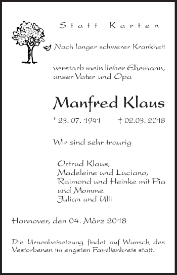 Traueranzeige von Manfred Klaus von Hannoversche Allgemeine Zeitung/Neue Presse
