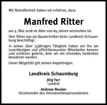 Traueranzeige von Manfred Ritter von Schaumburger Nachrichten