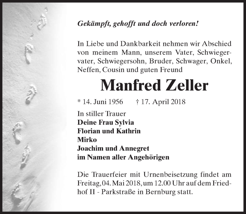  Traueranzeige für Manfred Zeller vom 21.04.2018 aus Peiner Allgemeine Zeitung