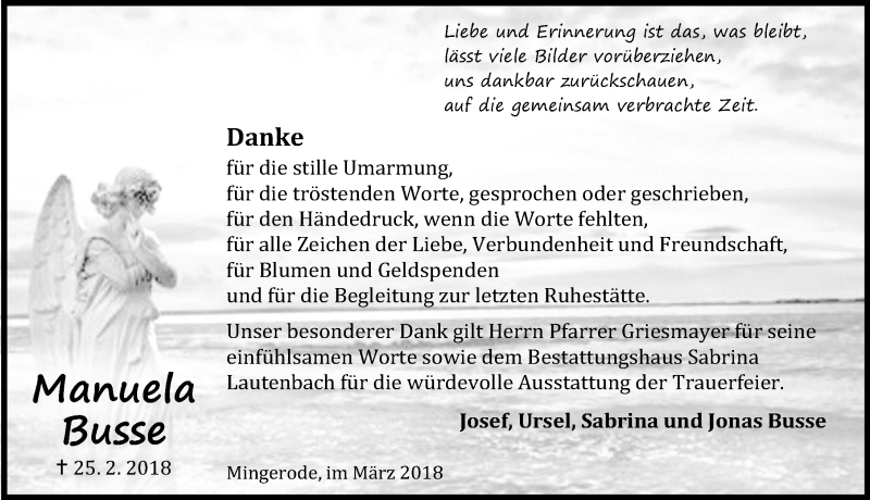  Traueranzeige für Manuela Busse vom 24.03.2018 aus Eichsfelder Tageblatt