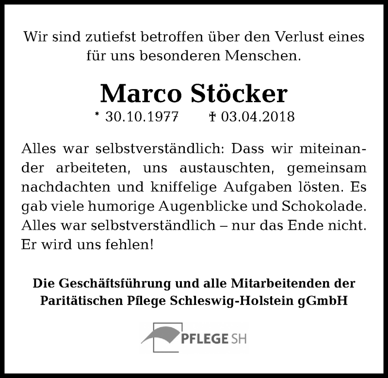  Traueranzeige für Marco Stöcker vom 07.04.2018 aus Kieler Nachrichten