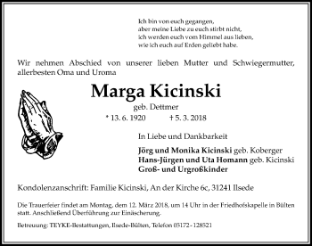 Traueranzeige von Marga Kicinski von Peiner Allgemeine Zeitung