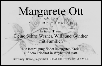 Traueranzeige von Margarete Ott von Aller Zeitung