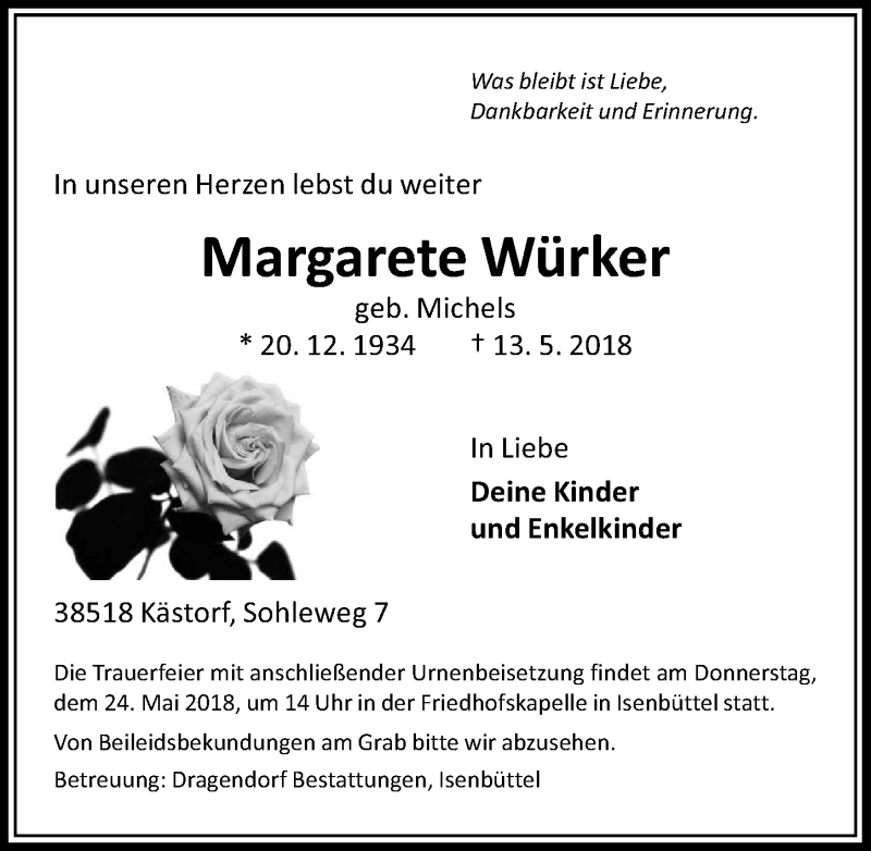  Traueranzeige für Margarete Würker vom 19.05.2018 aus Aller Zeitung