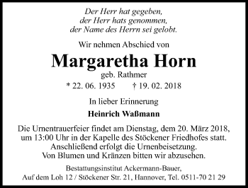 Traueranzeige von Margaretha Horn von Hannoversche Allgemeine Zeitung/Neue Presse