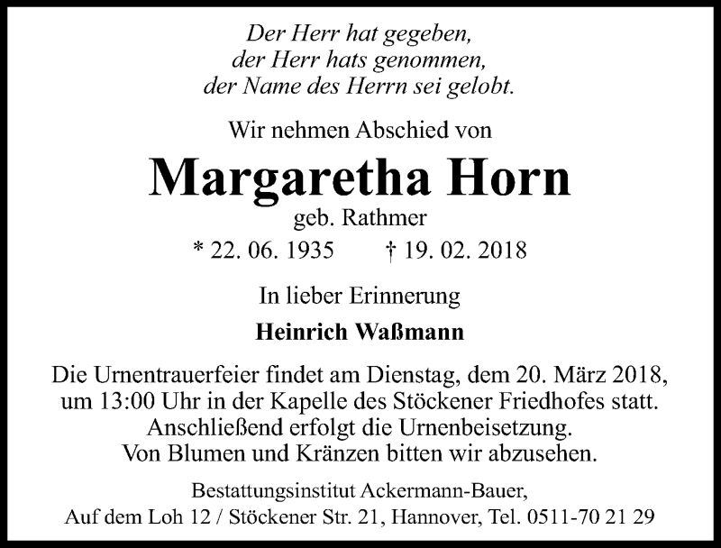  Traueranzeige für Margaretha Horn vom 17.03.2018 aus Hannoversche Allgemeine Zeitung/Neue Presse