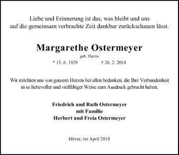 Traueranzeige von Margarethe Ostermeyer von Hannoversche Allgemeine Zeitung/Neue Presse
