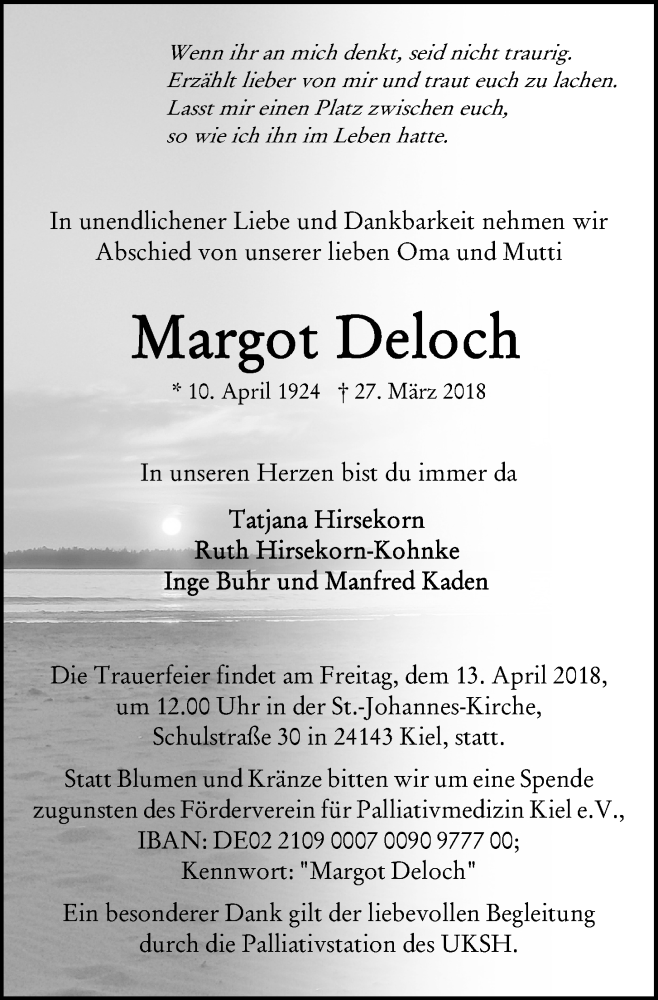 Traueranzeige für Margot Deloch vom 07.04.2018 aus Kieler Nachrichten