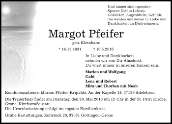 Traueranzeige von Margot Pfeifer von Göttinger Tageblatt