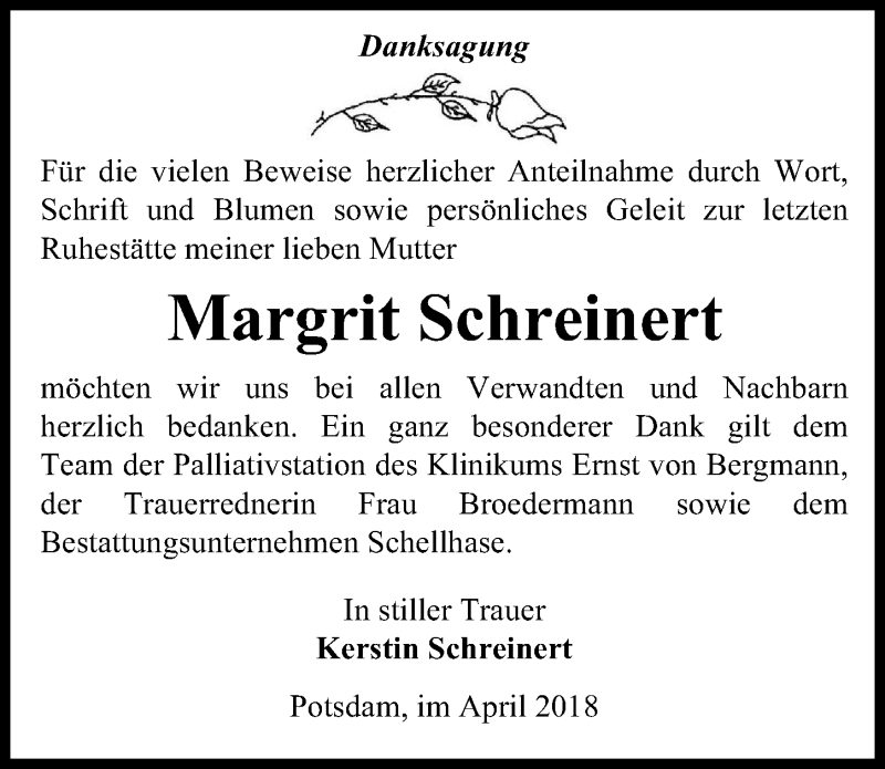  Traueranzeige für Margrit Schreinert vom 07.04.2018 aus Märkischen Allgemeine Zeitung
