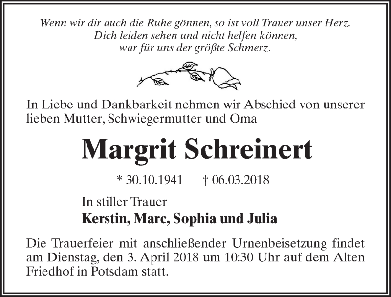  Traueranzeige für Margrit Schreinert vom 17.03.2018 aus Märkischen Allgemeine Zeitung