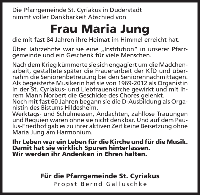  Traueranzeige für Maria Jung vom 23.05.2018 aus Eichsfelder Tageblatt